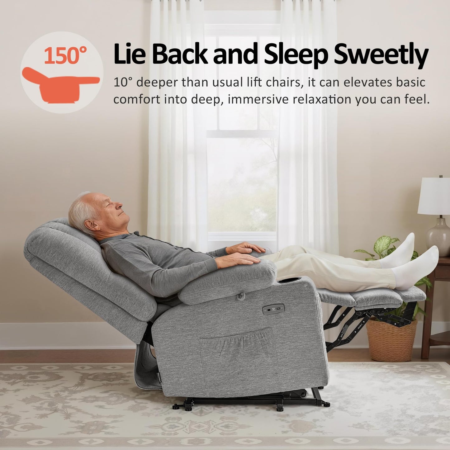 MCombo Power Lift Recliner Chair for Elderly, Lift Chair with Heat and Massage, USB &Type C Ports, Cup Holders, Fabric 7095 (Medium, Grey)