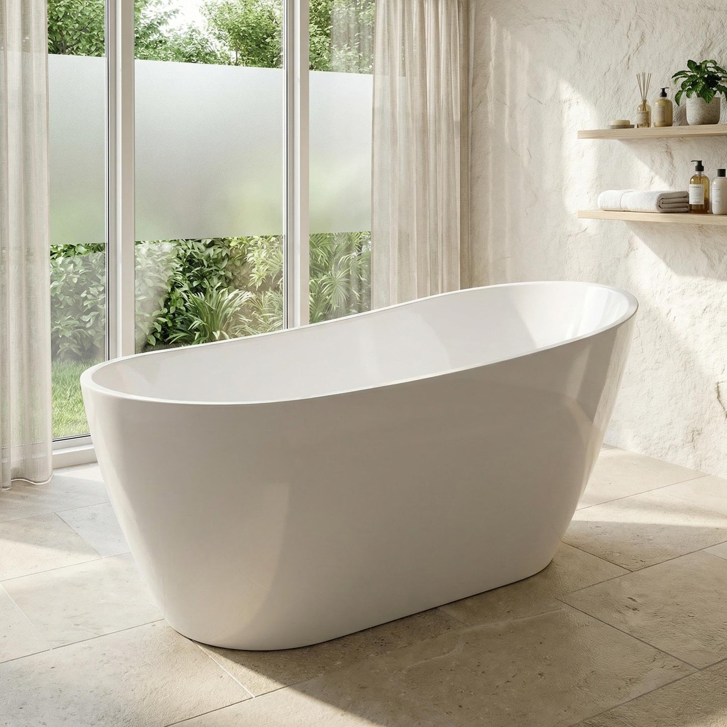 67" Freestanding Bathtub, Black Exterior White Interior Acrylic Stand Alone Soaking Tub, Modern Oval Bath with Ergonomic Design and Chrome Drain for Bathroom Remodel and Home Spa