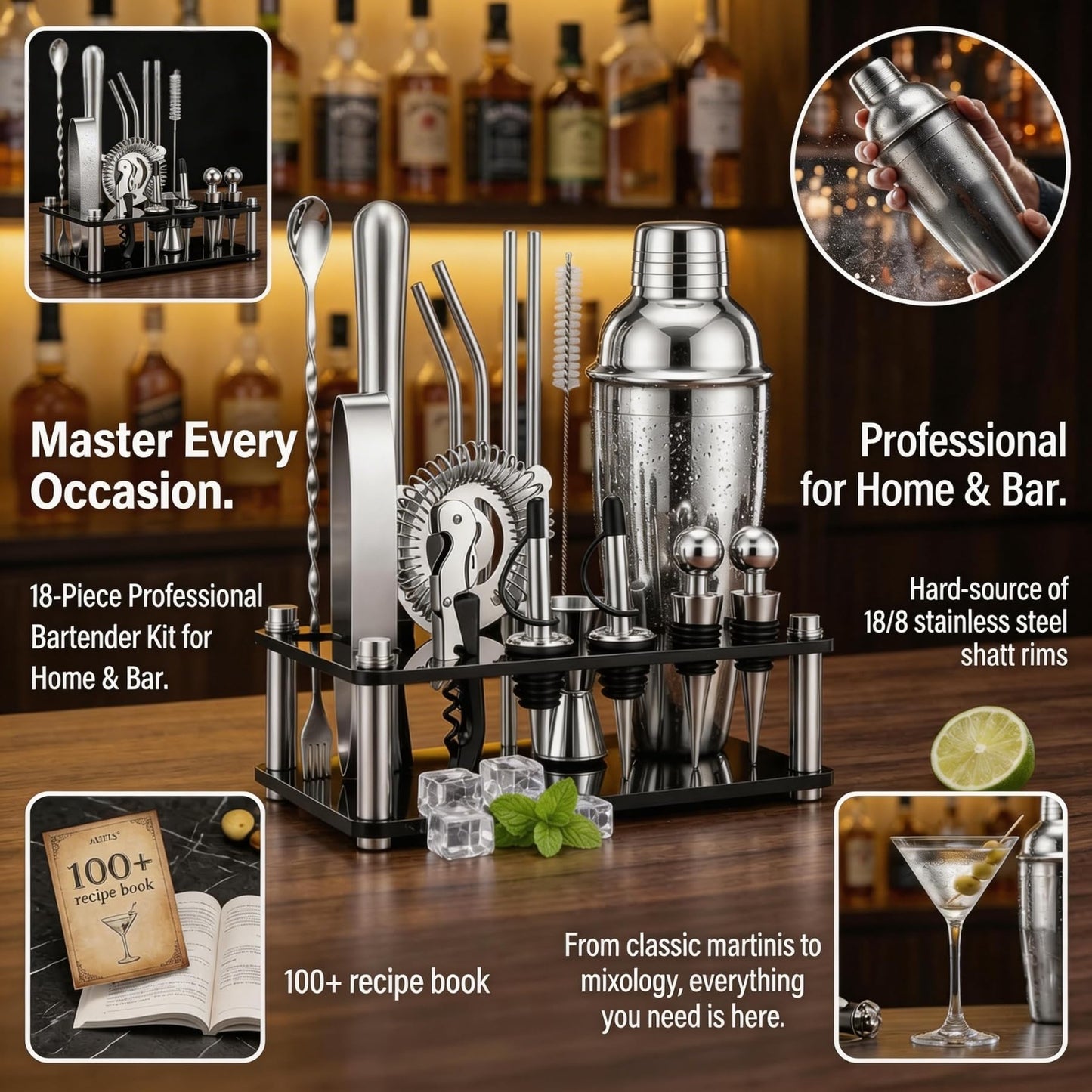 ARTFLY Cocktail Shaker Set, 18-Piece Bartender Kit with Acrylic Stand, 18/8 Stainless Steel Bar Set with Martini Shaker, Jigger, Muddler & Recipe Book for Home Bar