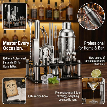 ARTFLY Cocktail Shaker Set, 18-Piece Bartender Kit with Acrylic Stand, 18/8 Stainless Steel Bar Set with Martini Shaker, Jigger, Muddler & Recipe Book for Home Bar