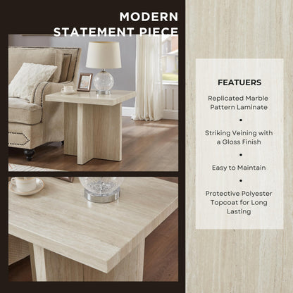 Roundhill Furniture Cavira 3-Piece Faux Marble Coffee Table Set, Coffee Table and Two Side Tables, Beige
