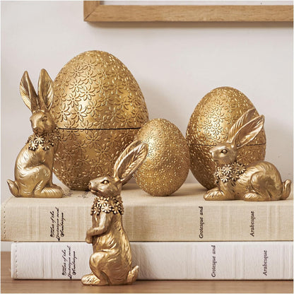6PCS 3 3 DN DECONATION Easter Decorations with Rabbits and Nesting Easter Eggs, Small Gold Easter Bunny Figurines