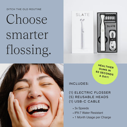 Slate Electric Flosser - Starter Set | 3-in-1 Dentist-Invented with Reusable Floss Heads, Gum Brushes & Tongue Scraper | More Effective Than String or Water Floss