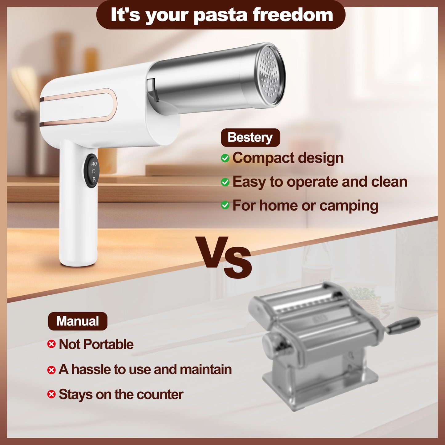 Bestery Electric Pasta Maker Machine 5 in 1 Cordless Handheld Automatic Noodle Maker for Homemade Spaghetti Making Tool Durable and Compact DIY Pasta Press in the Kitchen White