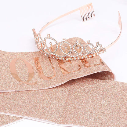 CAVETEE Birthday Crown and Sash for Women, Rose Gold Rhinestone Tiara Set for Decorations