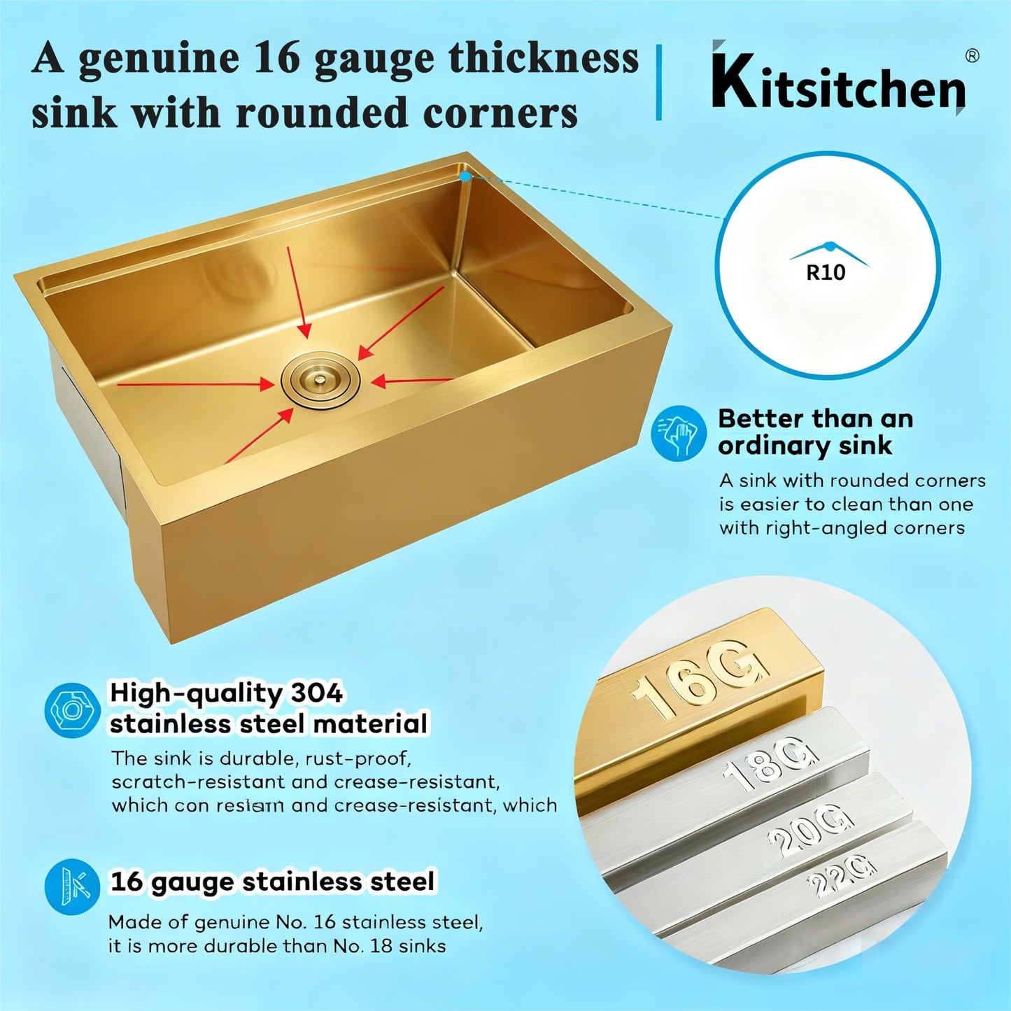 Kitsitchen Gold Farmhouse Kitchen Sink,16 Gauge 304S Stainless Steel Farm Sinks, 33"x20"x10" Large and Deep Apron Front Single Bowl Workstation Sinks with Accessories