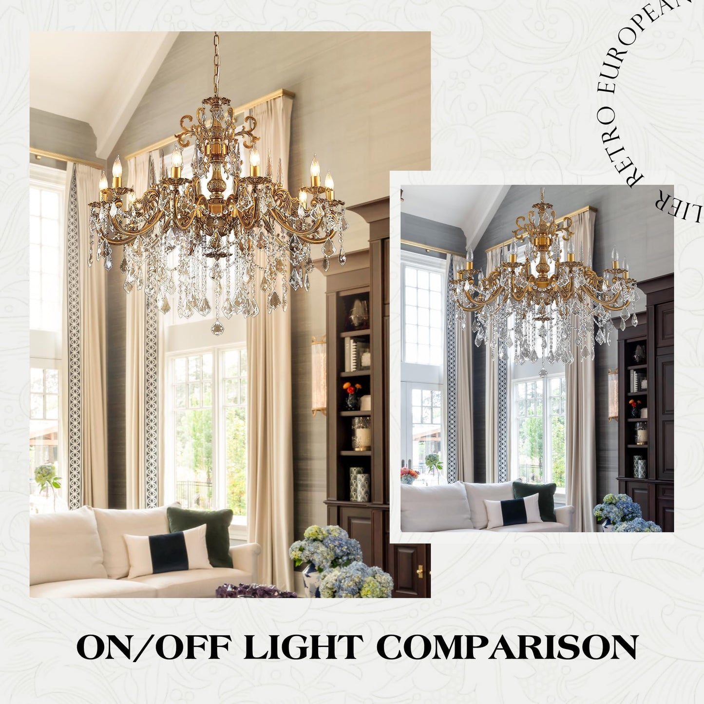 MEELIGHTING Gold Crystal Chandelier, 10-Light Antique Bronze Candle Pendant Ceiling Light Fixture with K9 Crystals for Dining and Living Room, Bedroom, Kitchen Island, Hallway, Dia 36"