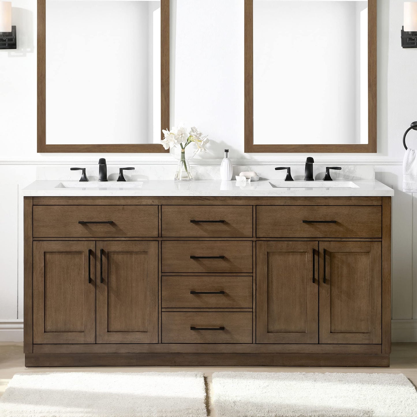 OVE Decors Athea 72" Double Undermount Sink Bathroom Vanity with Cultured Marble Countertop, Backsplash, Power Bar, in Almond Latte Finish