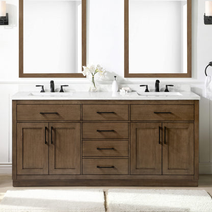 OVE Decors Athea 72" Double Undermount Sink Bathroom Vanity with Cultured Marble Countertop, Backsplash, Power Bar, in Almond Latte Finish