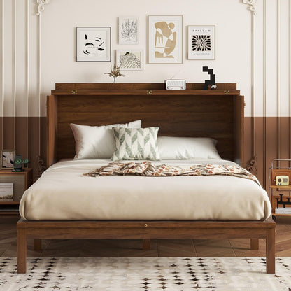 GDFStudio Queen Size Murphy Bed Cabinet with Rattan Panel, Built-in Power Station, Pine Wood Cabinet Bed with Storage Drawer, Foldable Queen Beds for Guest Rooms, Small Spaces, Living Rooms, Walnut