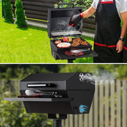 Stanbroil Park Style Charcoal Grill with Cover, Portable Park BBQ Grill Heavy Duty Porcelain Steel Cooking Grate, Folding Front Table, Stand Post for Backyard, RV Cooking, Camping, Tailgating