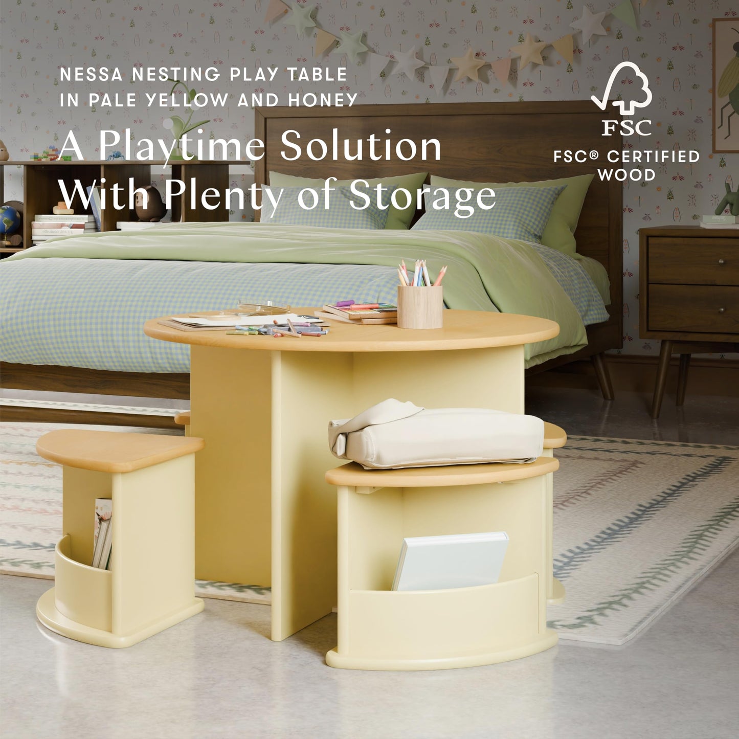 Babyletto Nessa Nesting Play Table - Kids Table and Chair Set w/ 4 Storage Stools - GREENGUARD Certified Round Wooden Toddler Playroom Set for Reading, Art, Play in Nursery/Home - Pale Yellow/Honey