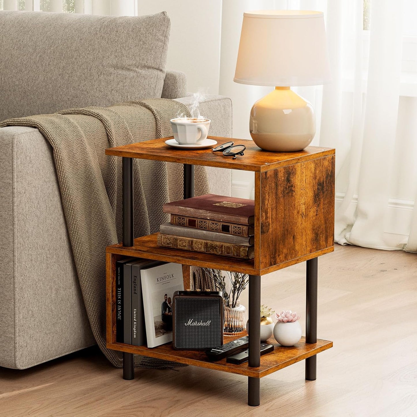 3-Tier 44 LBS Frylr Small Side Table, End Table and Nightstand with Wood Shelves, Sturdy Metal Frame with Capacity per