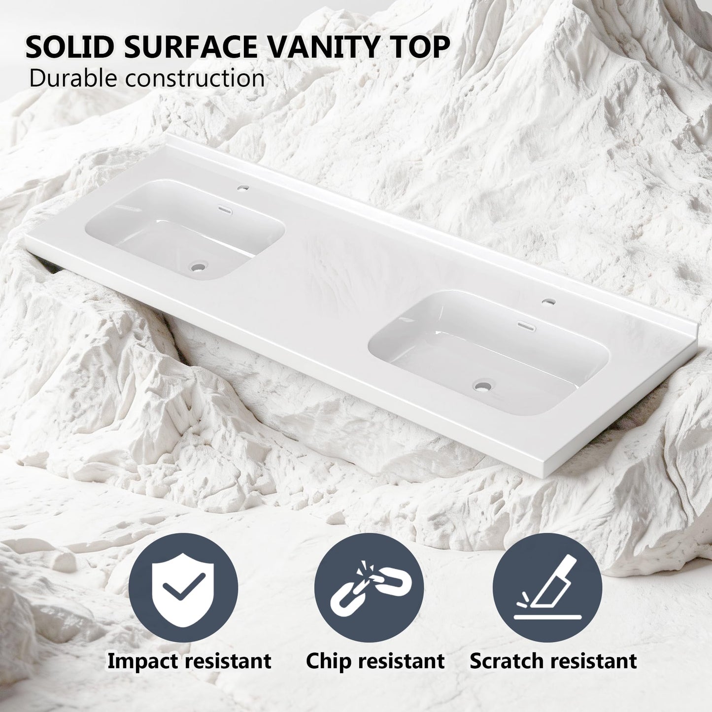 72 x 22 White Vanity Top with Sink Solid Surface Bathroom Vanity Sink Top with Double Sink Integrated Basin Backsplash and Overflow in Glossy Pure White, Cabinet Not Included