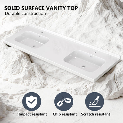 72 x 22 White Vanity Top with Sink Solid Surface Bathroom Vanity Sink Top with Double Sink Integrated Basin Backsplash and Overflow in Glossy Pure White, Cabinet Not Included