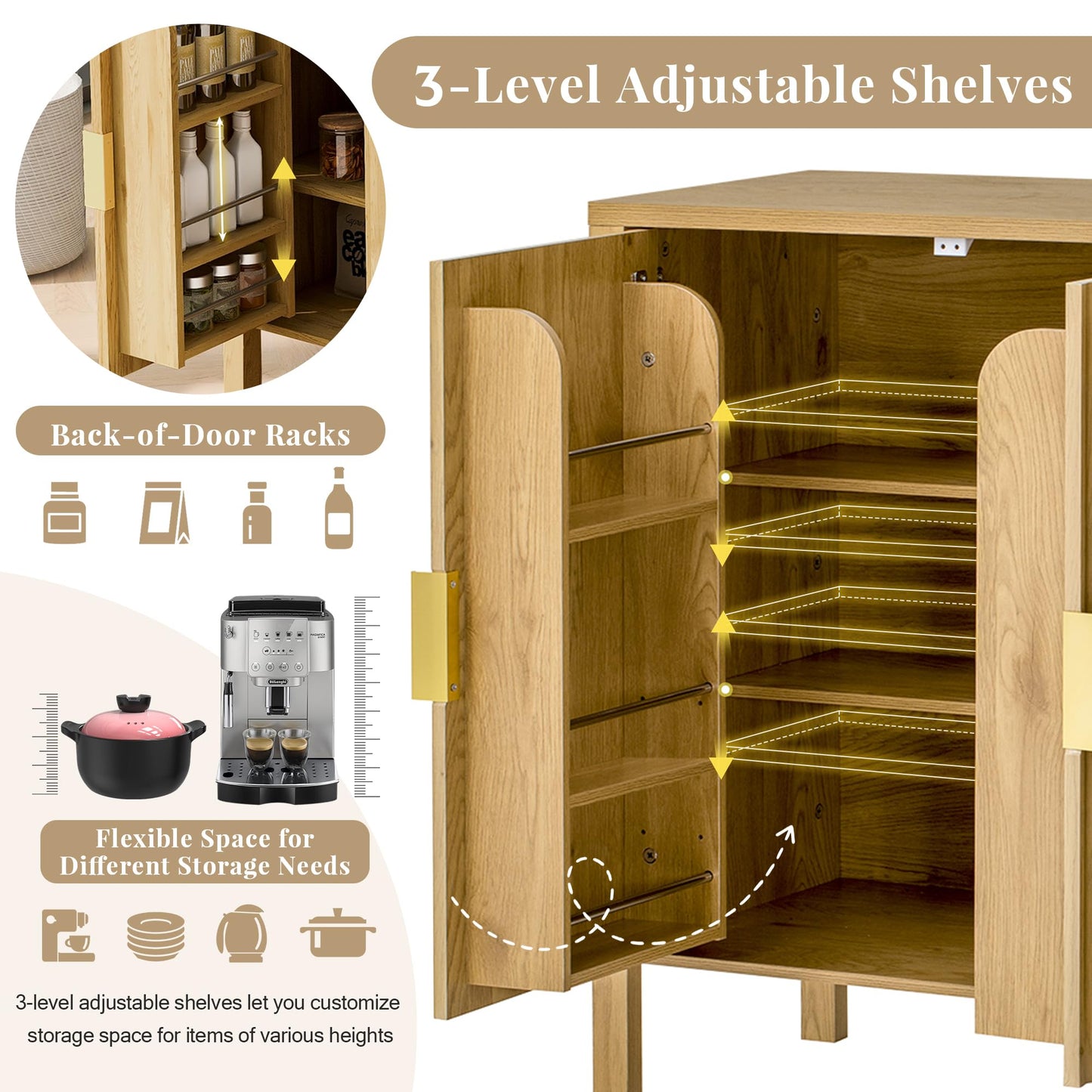 GDFStudio 58" Modern Buffet Cabinet with 4 Stripe Doors, Sideboard Storage Cabinet with Back Door Storage Racks, Shelves, Side Hooks, Coffee Bar Cabinet Credenza for Dining Room Living Room, Natural