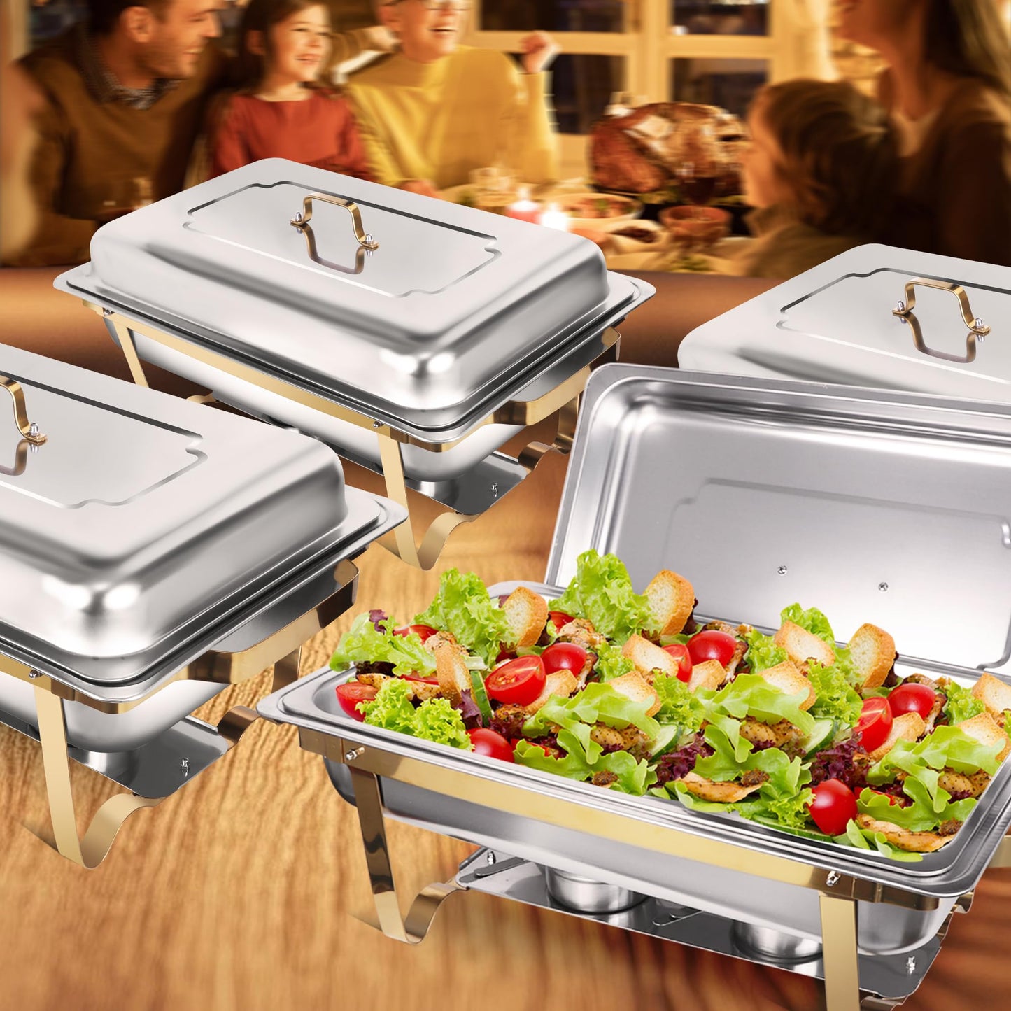 9.5 QT Chafing Dishes, 4 Pack High Premium Stainless Steel Complete Set,Heating and Cooling Chafing Dish, Rectangular Chafing Dish Buffet Set for Buffet, Party, Gatherings Banquet, Wedding