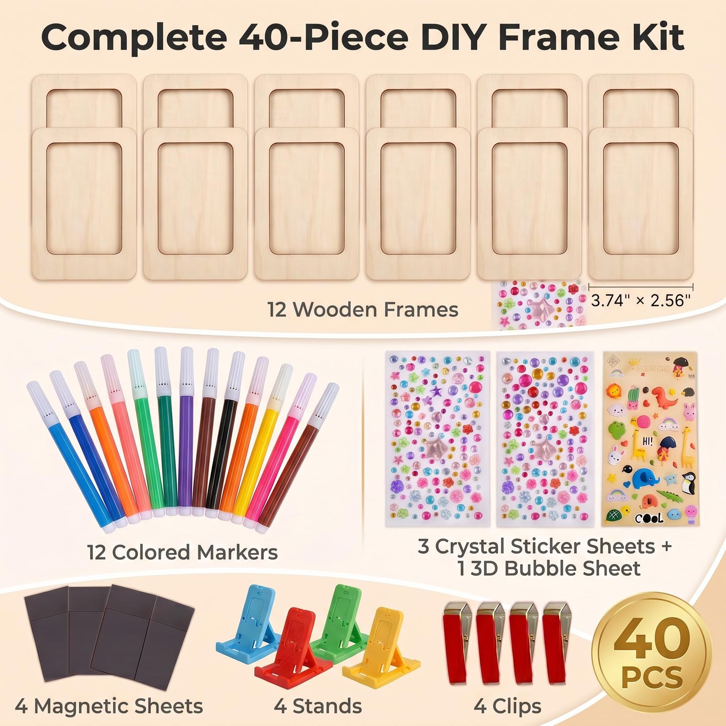 YOJO 12 Pack DIY Unfinished Wooden Picture Frame Kit, Mini Photo Frames with 12 Markers, Stickers, Magnetic Sheets, Stands & Clips for Fridge, Car Sun Visor & Desktop Decor, Creative Gift Set for Mother's Day Birthday Wedding