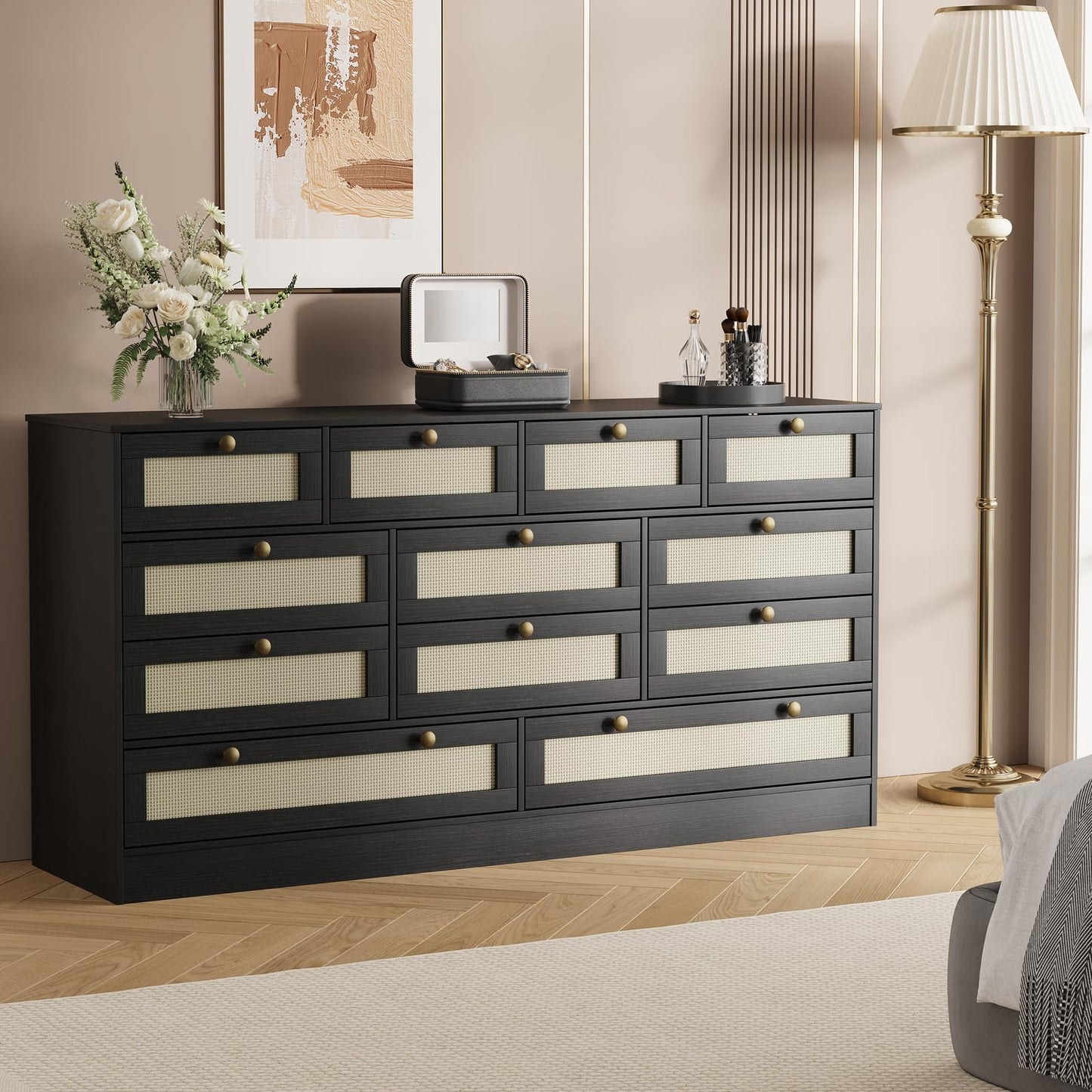 GarveeHome 12 Drawer Wooden Dresser for Bedroom, Rattan Chest of Drawers for Closet, Living Room, Hallway, 61 Inch Wood Wide TV Stand Dressers for 65 Inch TV, Modern Dresser for Adult Room