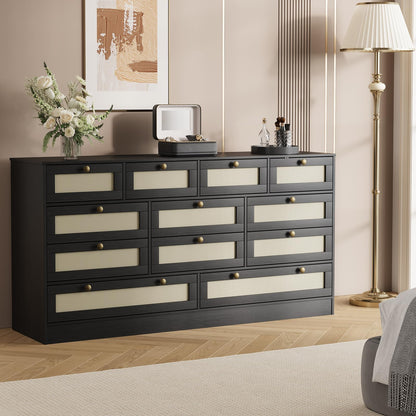 GarveeHome 12 Drawer Wooden Dresser for Bedroom, Rattan Chest of Drawers for Closet, Living Room, Hallway, 61 Inch Wood Wide TV Stand Dressers for 65 Inch TV, Modern Dresser for Adult Room