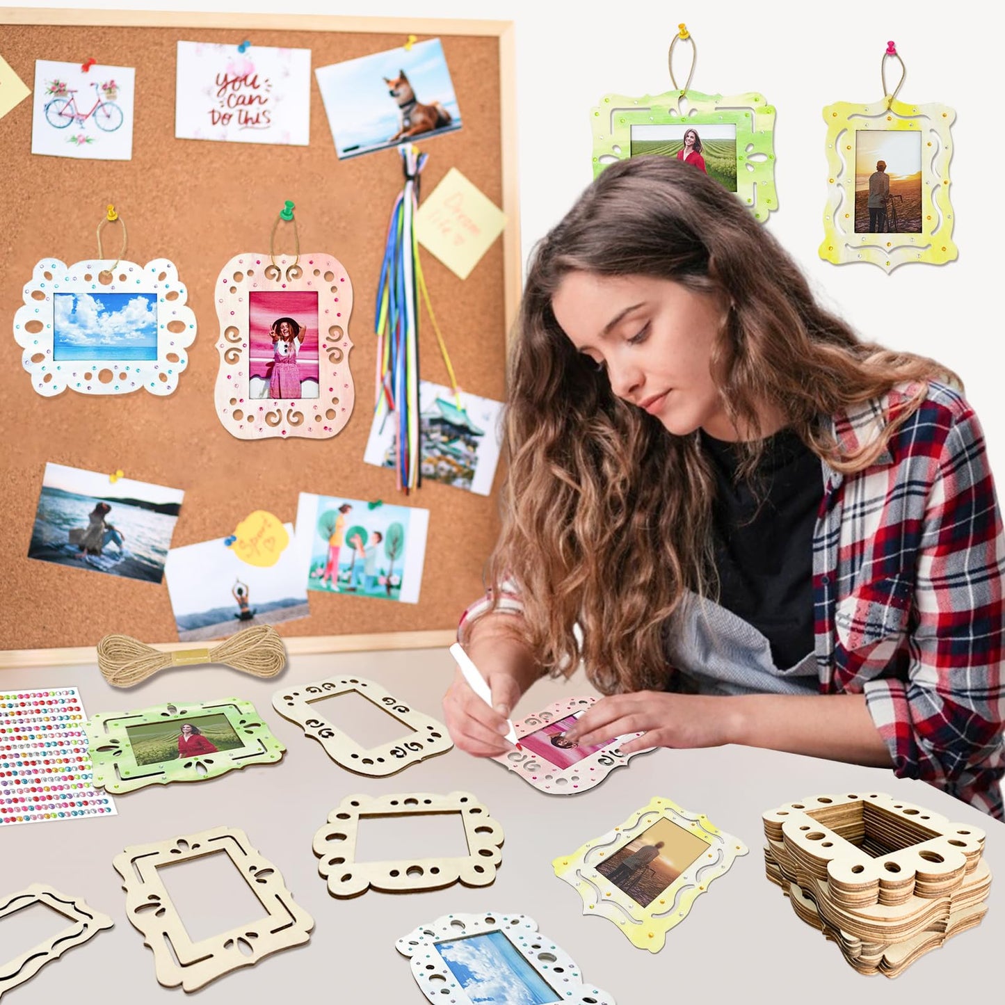 KitsyKraft DIY Wooden Photo Frame Craft Kit - 24 Pcs Unfinished Frames, 2 Rhinestone Sheets & 10m Twine for Personalized Home Decor