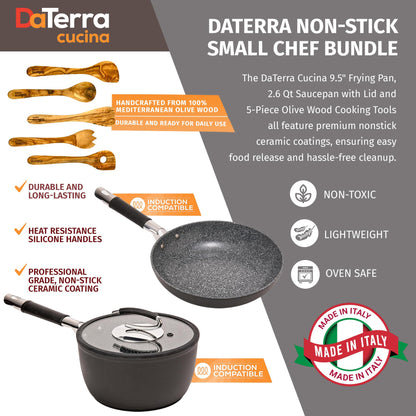 DaTerra Cucina Nonstick Small Chef Bundle – 2.6 Qt Ceramic Saucepan with Lid, 9.5" Frying Pan, 5-Piece Olive Wood Cooking Utensils – Oven Safe, Induction Compatible, PTFE & PFOA Free – Made in Italy