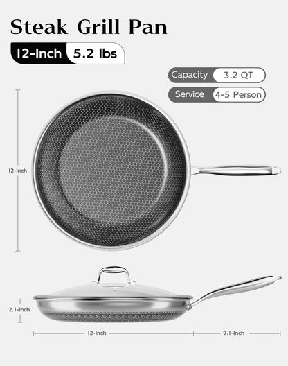 XBM Nonstick Frying Pan with Lid 12-Inch, Durable Stainless Steel Skillet, Induction Cooktop Compatible, PFOA-Free Scratch-Proof, Dishwasher & Oven Safe, Stay-Cool Handle, Silver Kitchen Cookware