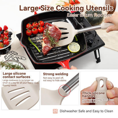 Silicone Cooking Utensils Set, NCUE 35 Pcs Kitchen Utensils Set with Holder, with Stainless Steel Handle Spatula Set, Spoons, Pasta Server, Cheese Grater, Masher, Scissors, Dishwasher Safe (Khaki)