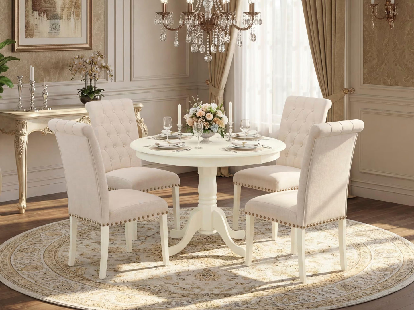 East West Furniture HLBR5-LWH-02 5 Piece Dining Room Furniture Set Includes a Round Dining Table with Pedestal and 4 Light Beige Linen Fabric Upholstered Chairs, 42x42 Inch, Linen White