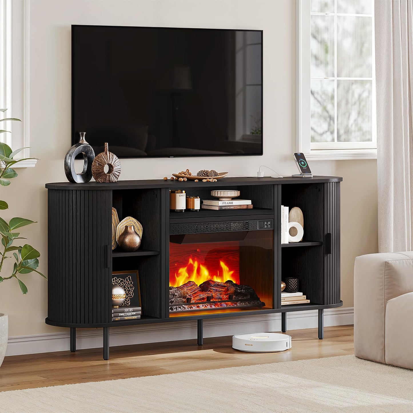 63" Fluted Fireplace TV Stand with 23" Electric Fireplace, Sliding Doors Entertainment Center for TVs Up to 70", TV Console with Power Outlet & Storage, Mid-Century Modern for Living Room, Black