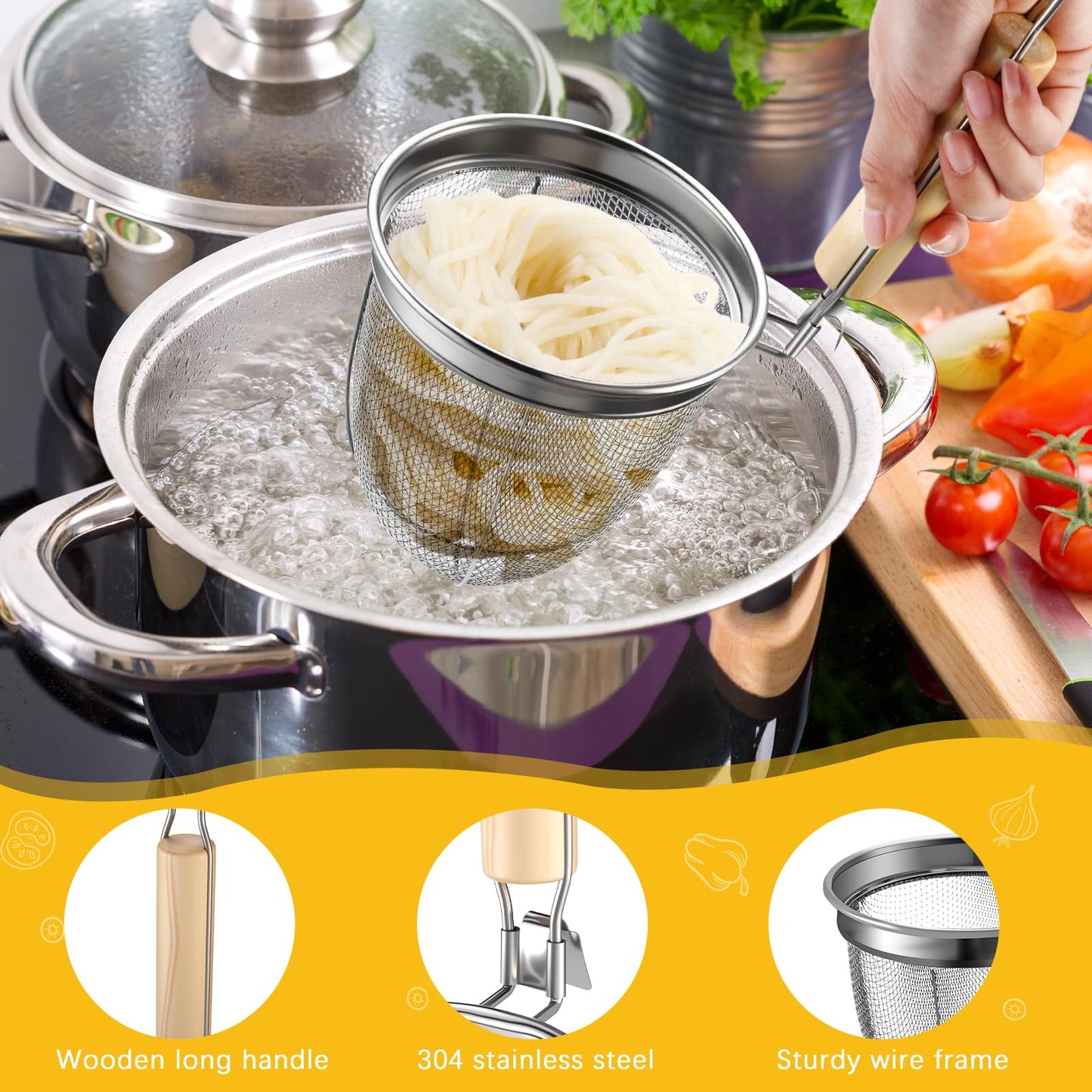 Patelai 4 Pcs Pasta Strainer Basket 5.5"x5.5" Stainless Steel Noodle Strainer with Wood Handle Kitchen Round Base Mesh Spider Basket Skimmer Food for Pasta, Ramen, Dumplings, and Deep-fried Foods