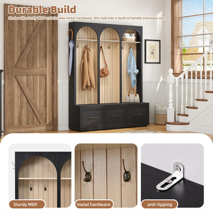 Ball & Cast Farmhouse Hall Tree with Bench, 59" Entryway Storage Bench with Arched Design, 8 Metal Hooks, 3 Drawers Shoe Organizer, Wooden Style Coat Rack for Living Room, Black