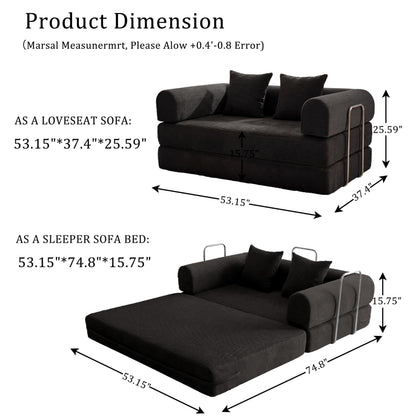 HouseMila 53.15" Boneless Couch,4-in-1 Futon Sofa Bed Modular Loveseat Sleeper Folding Compressed Couch with Pillows,No Assembly Required Convertible Sofa Bed for Living Room Bedroom Guest Room,Black