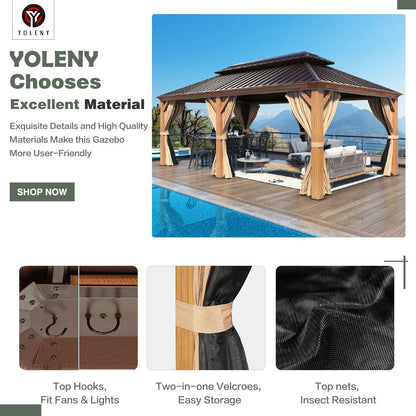YOLENY 12'x20' Gazebo, Galvanized Steel Double Roof with Wood Grain Aluminum Frame, Outdoor Permanent Metal Pavilion with Curtains and Nettings for Patio, Backyard and Deck