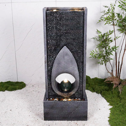 46.5’’Tall Modern Water Fountain Indoor Outdoor Waterfall Feature Floor Standing with Sphere and LED Lights for Garden, Yard, Patio, Deck, Porch, Livingroom Decor