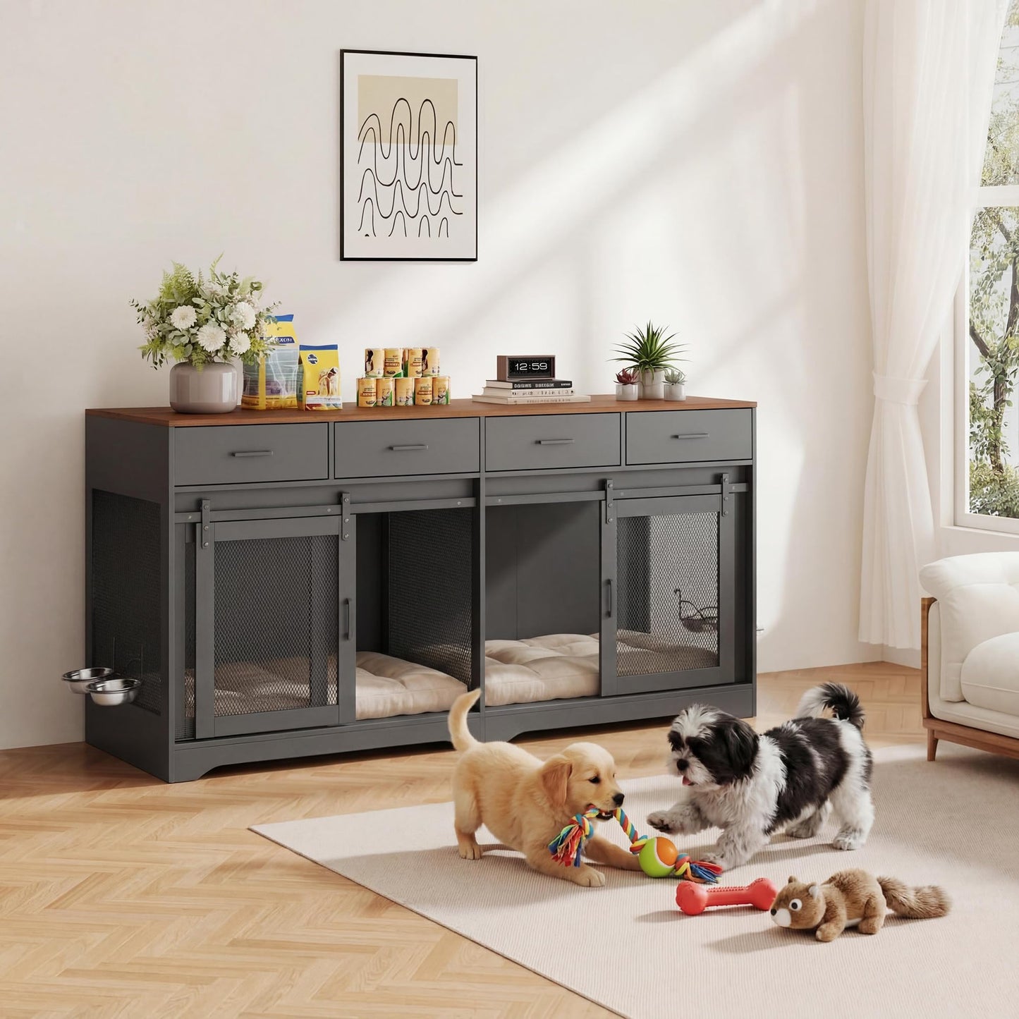 Garvee Double Dog Crate Furniture, 71'' Large Dog Crate Furniture for 2 Dogs with 4 Sliding Doors and 4 Drawers, Dog Kennel Furniture for Large Dogs Indoor with Feeding Bowls, Black