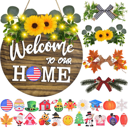 Interchangeable Welcome Home Sign, Front Door Decor With 4 Seasonal Wreaths and 21 Changeable Icons, Rustic Wood Wall Porch Hanger for Holiday Halloween Christmas Housewarming Gift (Brown)