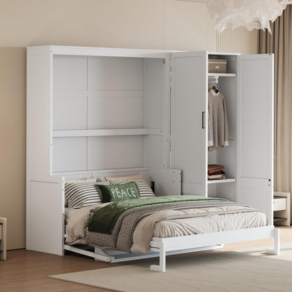 Ball & Cast Queen Size Murphy Bed Wall Bed with Built-in Wardrobe Storage and Hydraulic Lift System,Wood Hideaway Cabinet Platform Bedframe w/Slat Support,can be Folded,for Small Room,Dorms,White