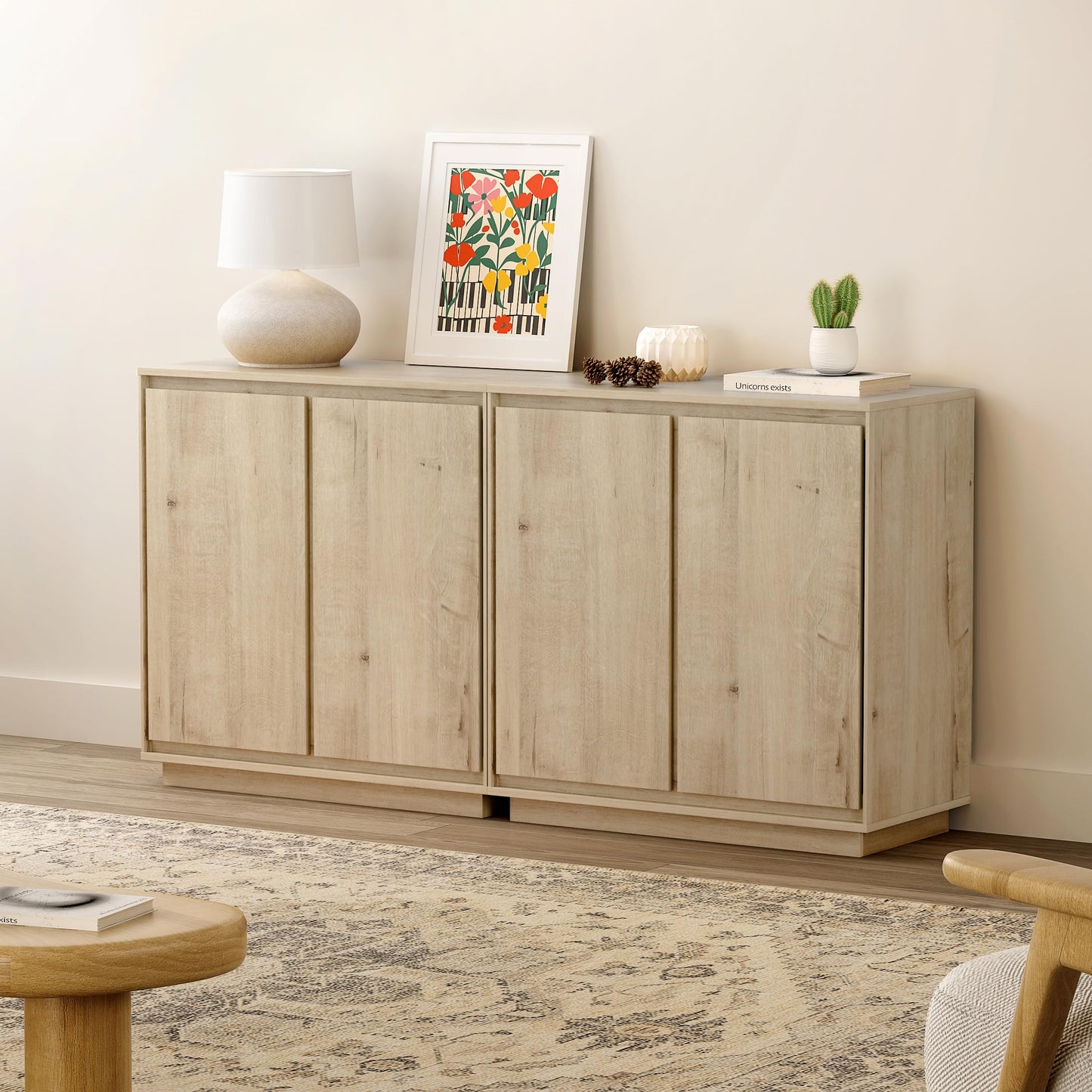 EYYTHUNG Buffet Storage Cabinet Set of 3, Sideboard Accent Cabinet with Adjustable Shelves and Handless Design, Credenza, Console Table for Living Room, Light Oak