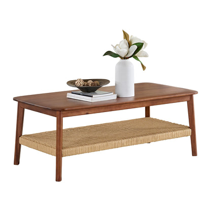 Alaterre Furniture Calais 48 Inch Rectangular Solid Wood Coffee Table with Woven Storage Shelf – Mid Century Modern 2-Tier Living Room Table (Chestnut)