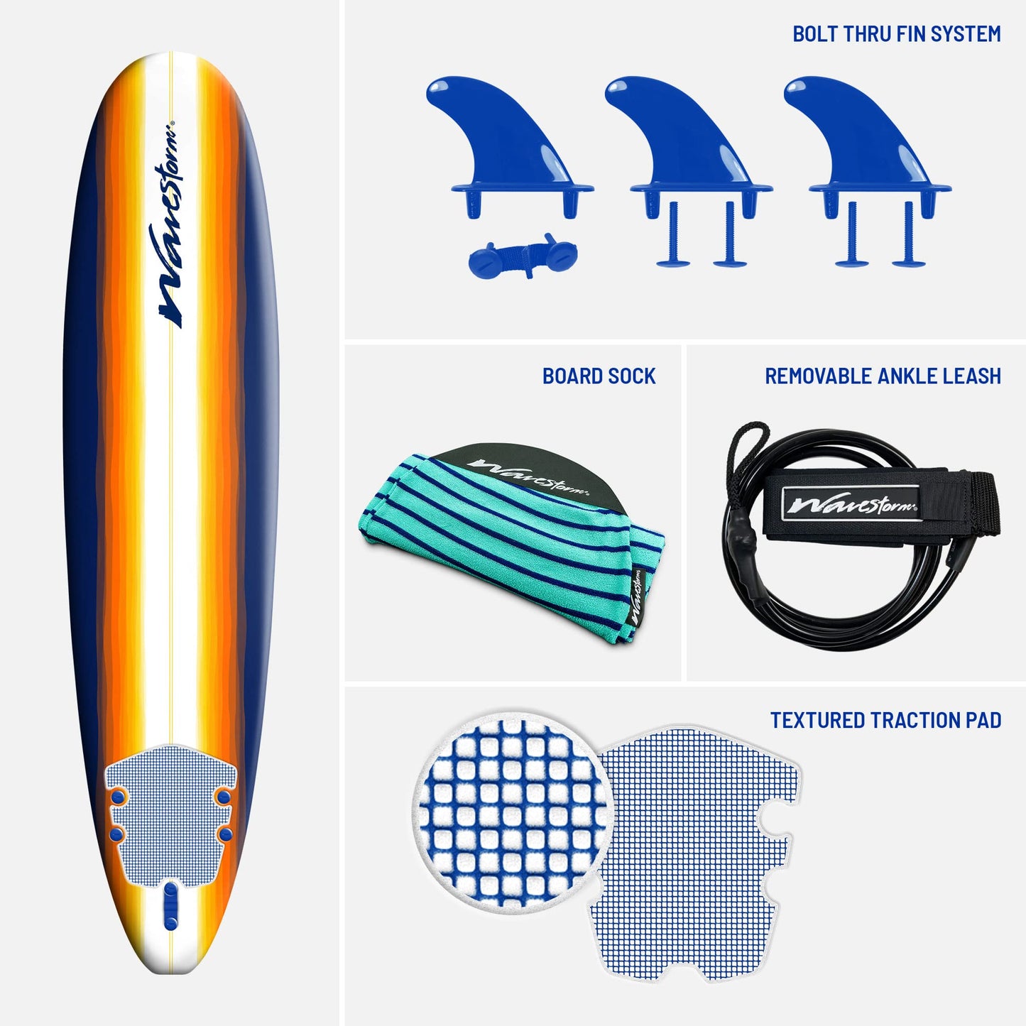 Wave Storm 8ft Surfboard // Foam Wax Free Soft Top Longboard for Adults and Kids of All Levels of Surfing,Mix,AZ22-WSSF800-B