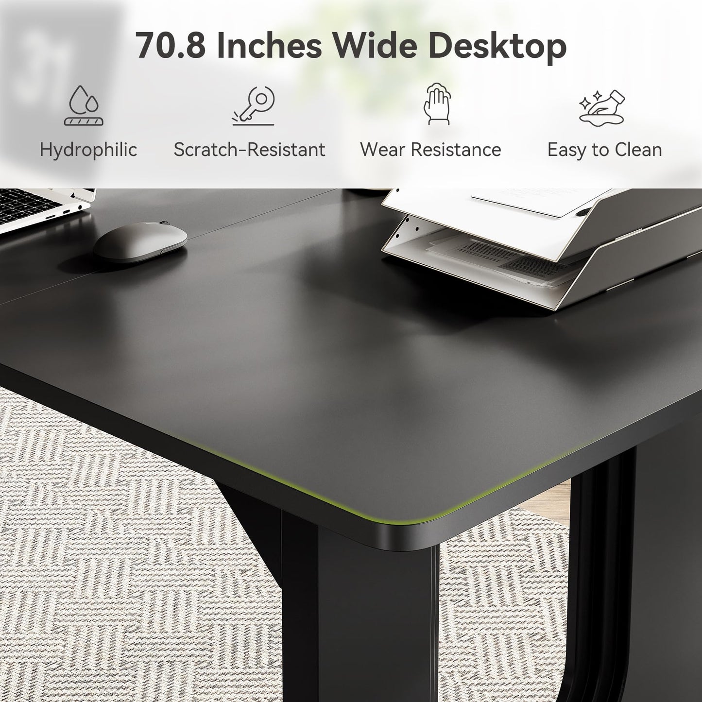 LITTLE TREE 70.8-Inch Home Office Desk, White Computer Desk with Storage, Study Writing Work Desk for Home Office, Spacious Modern Simple Desk, Black