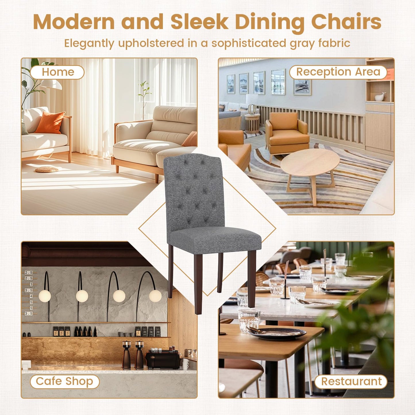 NAFORT Fabric Dining Chairs, Classic High Back Kitchen Living Room Chairs with Solid Rubber Wood Legs, Upholstered Padded Parsons Chair Set of 6, for Dining Room, Kitchen, Living Room, Grey