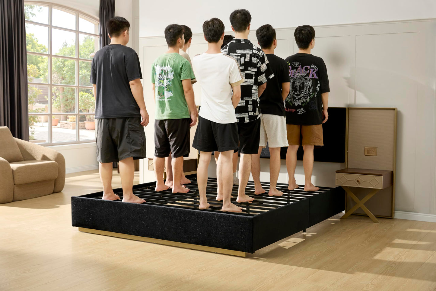 KEIKI King Bed Frame with Lights and Nightstands, Velvet Upholstered Platform Bed with Metal & Wood Frame, Built-in LED and Floating Bedside Tables, No Box Spring Needed, Black