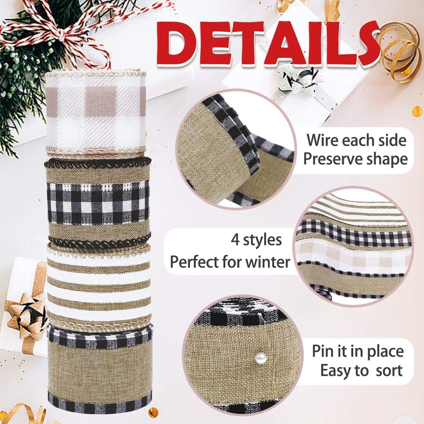 4 Rolls Winter Burlap Checked Ribbon Wire Border Christmas Holiday DIY Present Butterfly Floral Craft Decor 1.5 Inches Wide 13.2 Yard (Natural)