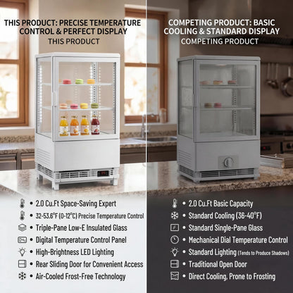 IDEALHOUSE 2.0 Cu.Ft. Countertop Bakery Display Refrigerator with LED Lighting, Rear Sliding Door, Air-Cooling, and Automatic Defrost for Cafes and Restaurants, White