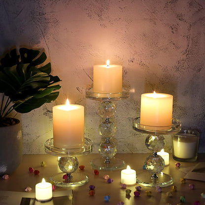 OwnMy Crystal Glass Pillar Candlestick Holders - Set of 3 Modern Tealight Votive Stands for Weddings & Home Decor