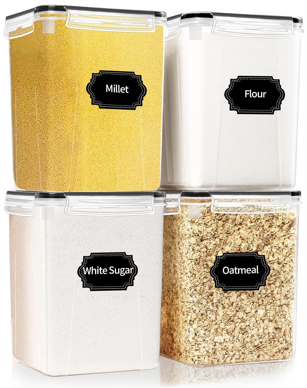 HKJ Chef 4 Pack Large Airtight Food Storage Containers with Lids (5.2L / 176oz), BPA Free Plastic Kitchen and Pantry Organization Contianers for Cereal Flour and Sugar Storage, Labels & Marker
