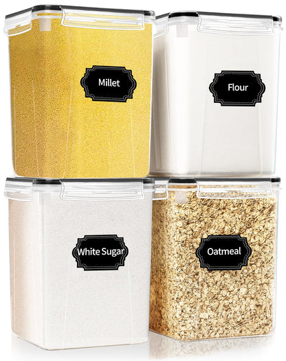 HKJ Chef 4 Pack Large Airtight Food Storage Containers with Lids (5.2L / 176oz), BPA Free Plastic Kitchen and Pantry Organization Contianers for Cereal Flour and Sugar Storage, Labels & Marker