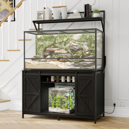 VOWNER Farmhouse Reptile Tank Stand with Power Outlet, 48" X 24" Tabletop Fits up 120 Gallon Bearded Dragon Tank, Heavy Duty Aquarium Stand with Storage Cabinet, Reptile Turtle Terrarium Stand Black